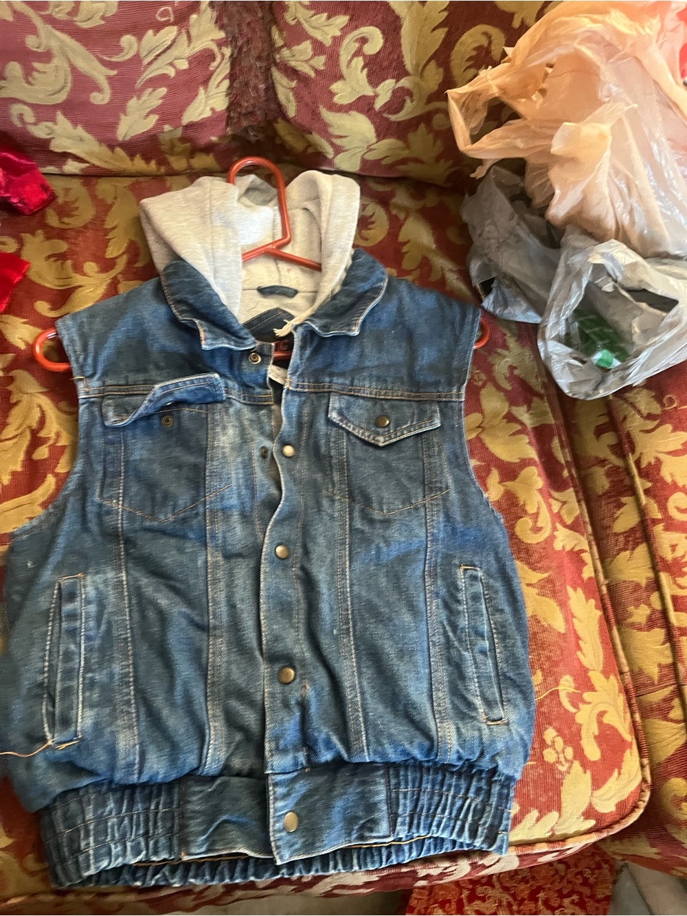 Sleeveless Blue Denim Vest with Gray Hood